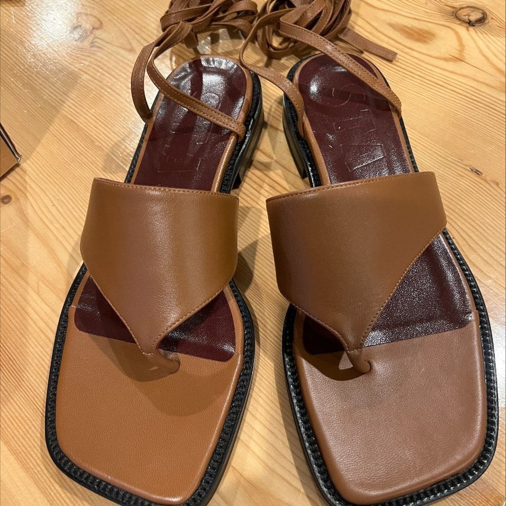 Staud  Leather Lace-Up Thong Sandals Tan ,